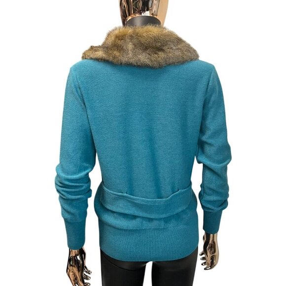 Cabi Teal Faux Fur Removable Collar Cardigan Sweater Button Front 3018 Medium - Picture 3 of 11